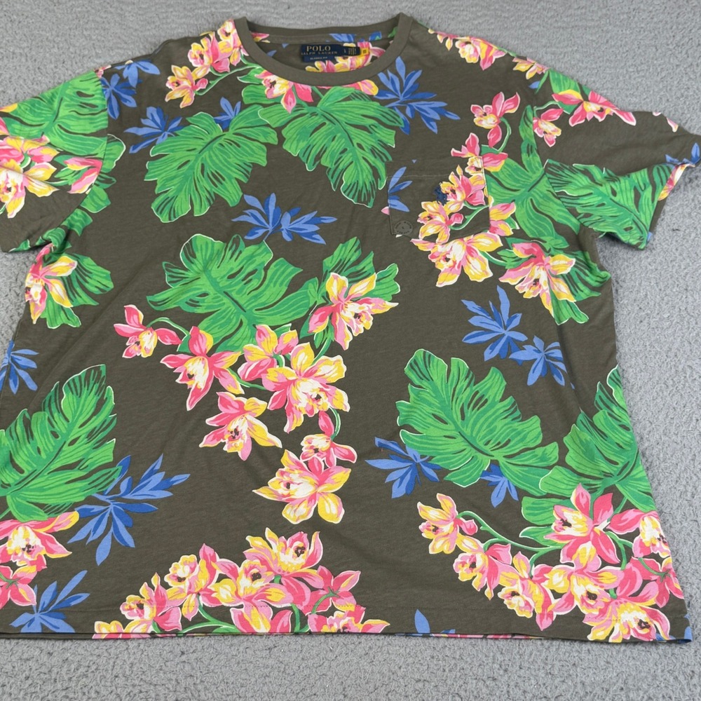 Polo Ralph Lauren T-Shirt Mens L Olive Green Tropical Floral Pocket Classic Fit